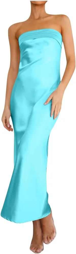 Women Satin Strapless Midi Dress Summer Cutout Backless Slim Fit Tube Dresses Elegant Vacation Wedding Guest Bodycon Dress