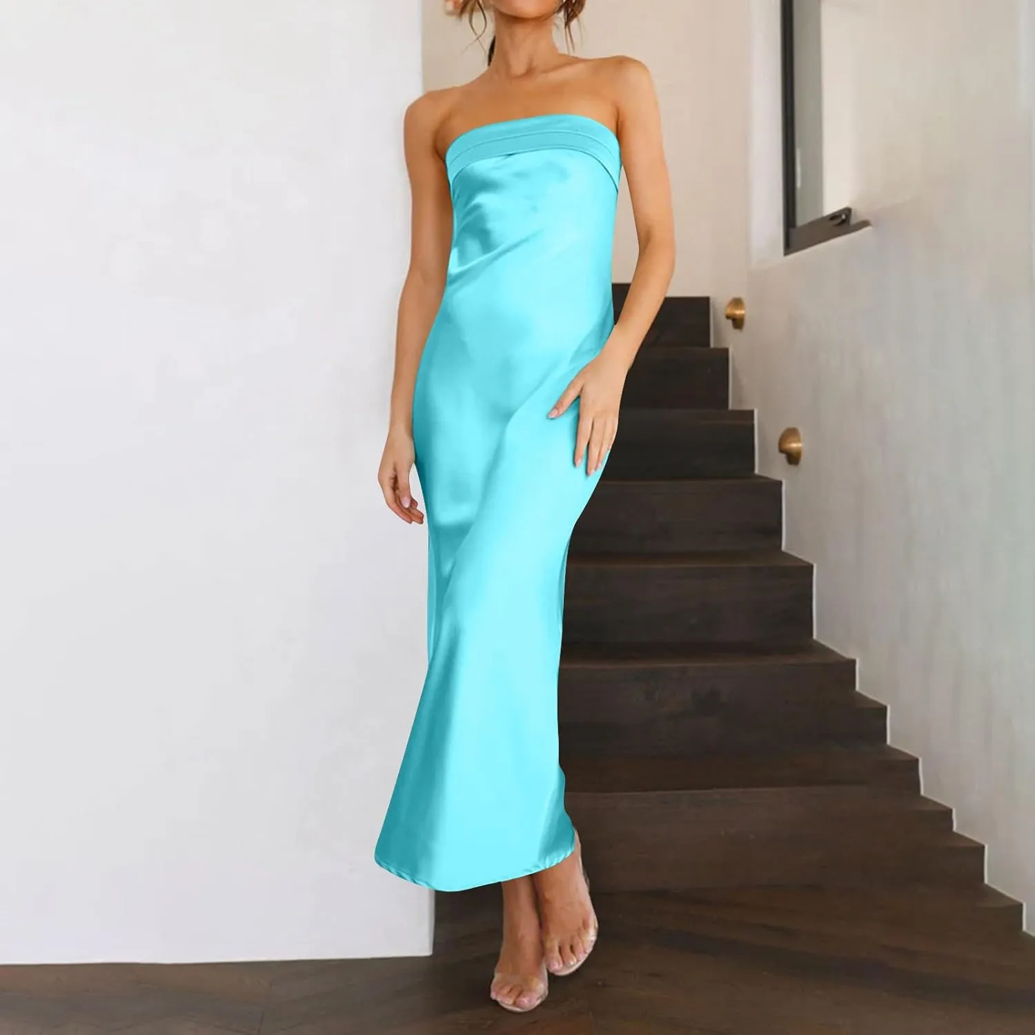 Women Satin Strapless Midi Dress Summer Cutout Backless Slim Fit Tube Dresses Elegant Vacation Wedding Guest Bodycon Dress