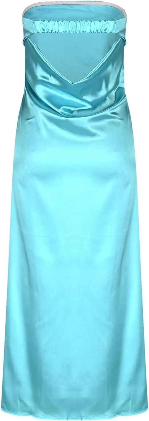 Women Satin Strapless Midi Dress Summer Cutout Backless Slim Fit Tube Dresses Elegant Vacation Wedding Guest Bodycon Dress