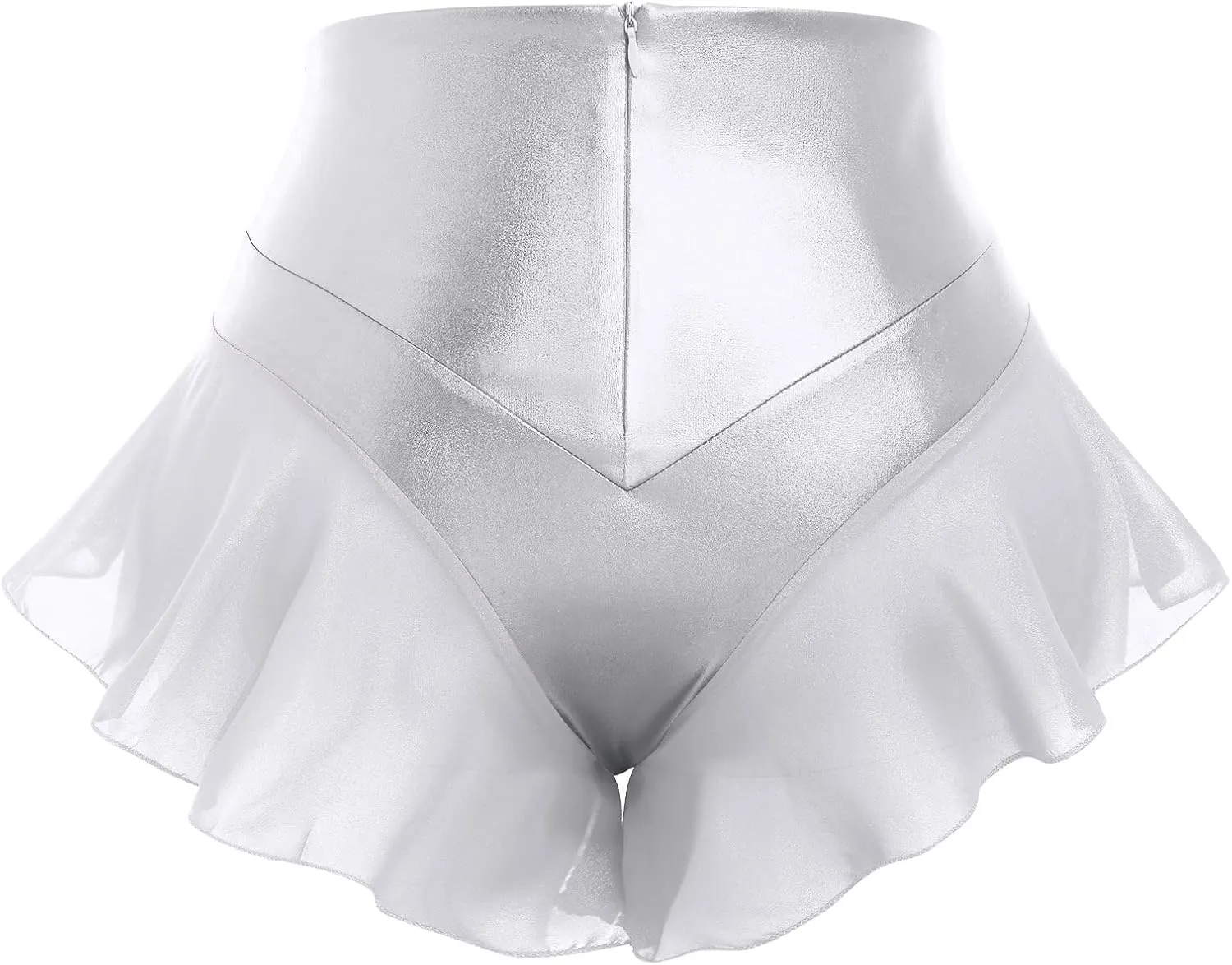 Women Shiny Glossy Metallic Rave Booty Shorts Sexy Ruffled Stage Pole Dance Mini Hot Pants High Waist Yoga Bottoms