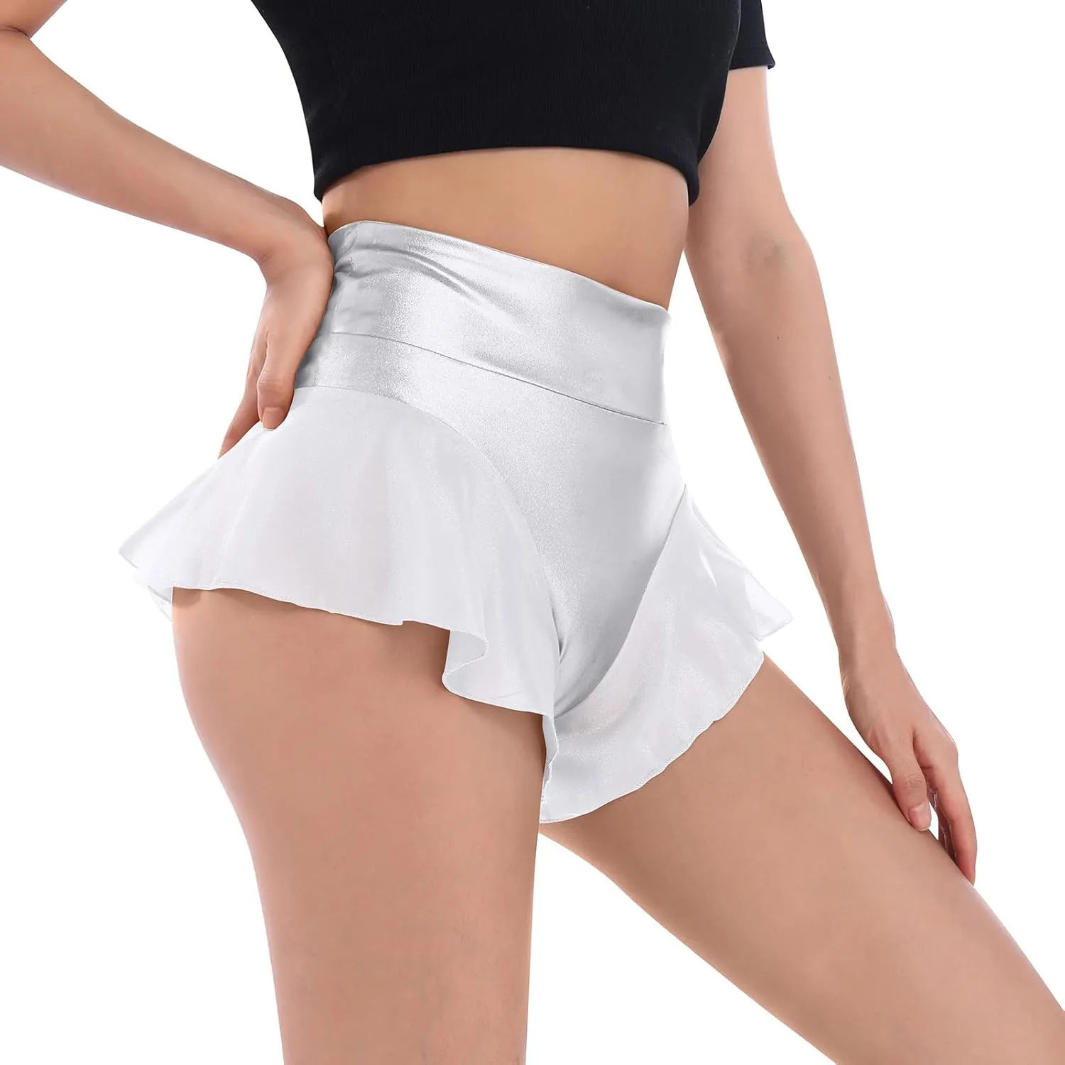 Women Shiny Glossy Metallic Rave Booty Shorts Sexy Ruffled Stage Pole Dance Mini Hot Pants High Waist Yoga Bottoms