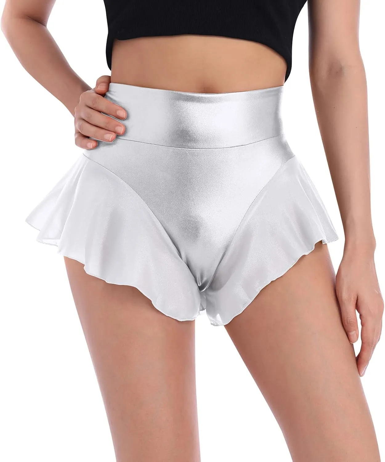 Women Shiny Glossy Metallic Rave Booty Shorts Sexy Ruffled Stage Pole Dance Mini Hot Pants High Waist Yoga Bottoms