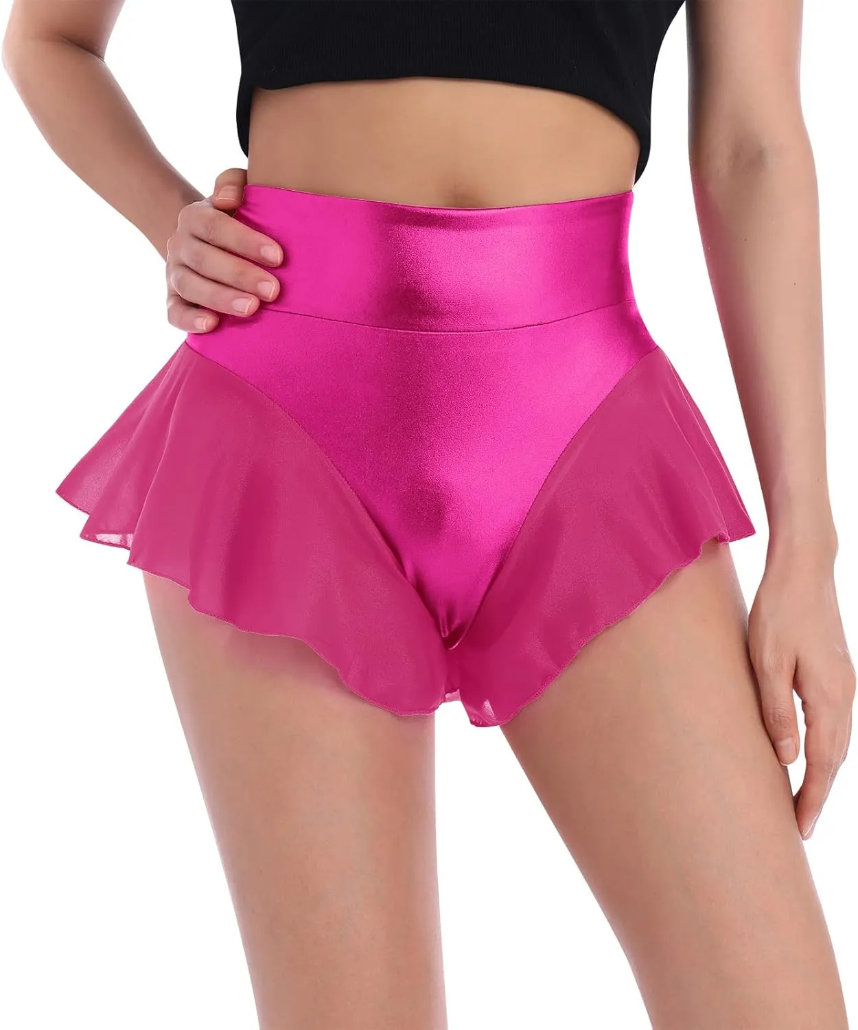 Women Shiny Glossy Metallic Rave Booty Shorts Sexy Ruffled Stage Pole Dance Mini Hot Pants High Waist Yoga Bottoms
