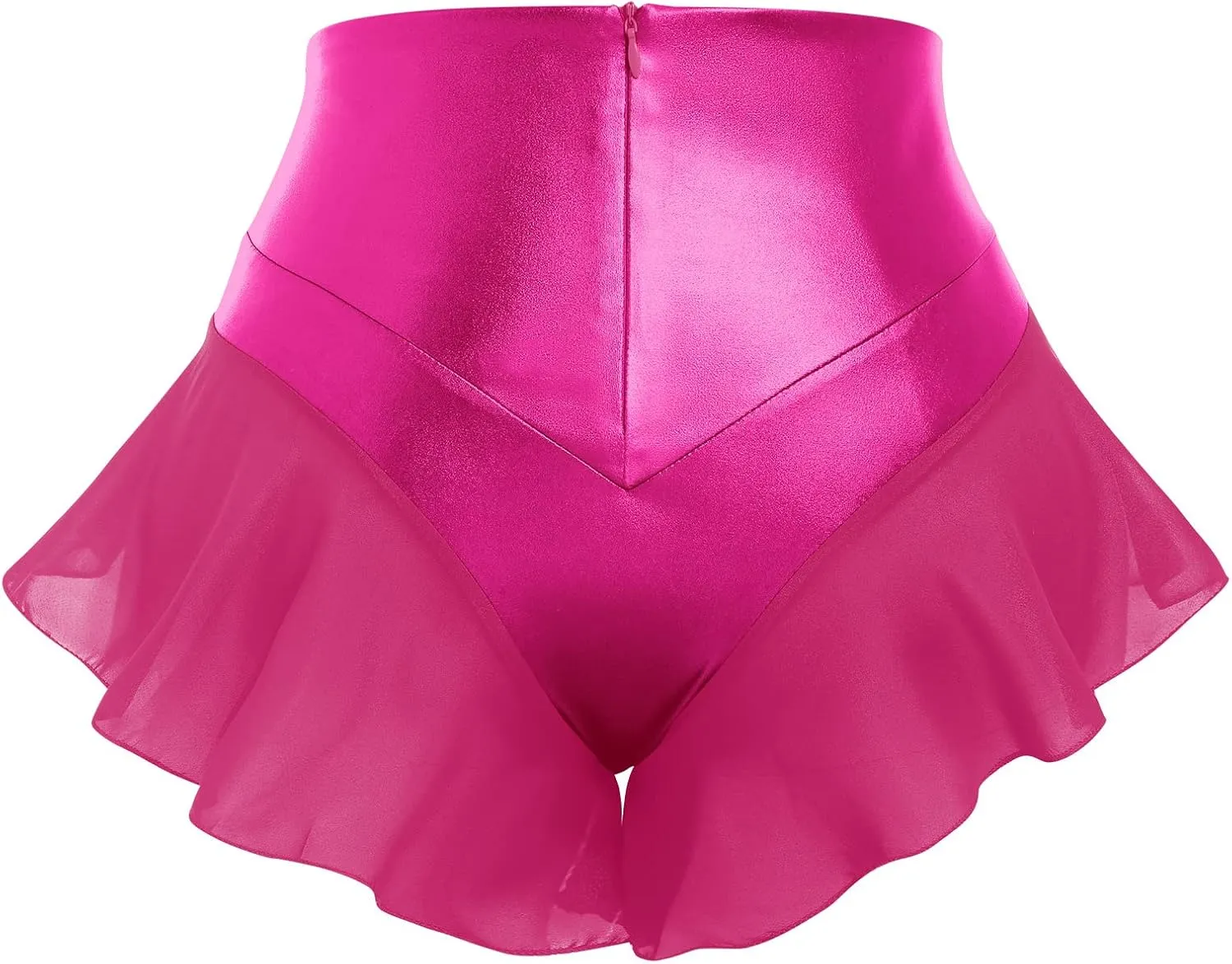 Women Shiny Glossy Metallic Rave Booty Shorts Sexy Ruffled Stage Pole Dance Mini Hot Pants High Waist Yoga Bottoms