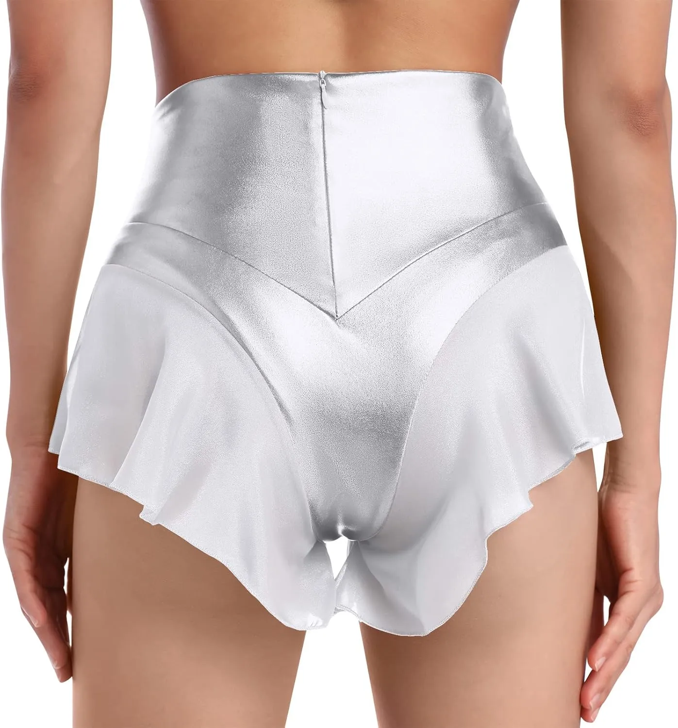Women Shiny Glossy Metallic Rave Booty Shorts Sexy Ruffled Stage Pole Dance Mini Hot Pants High Waist Yoga Bottoms