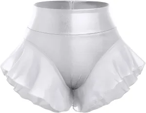 Women Shiny Glossy Metallic Rave Booty Shorts Sexy Ruffled Stage Pole Dance Mini Hot Pants High Waist Yoga Bottoms