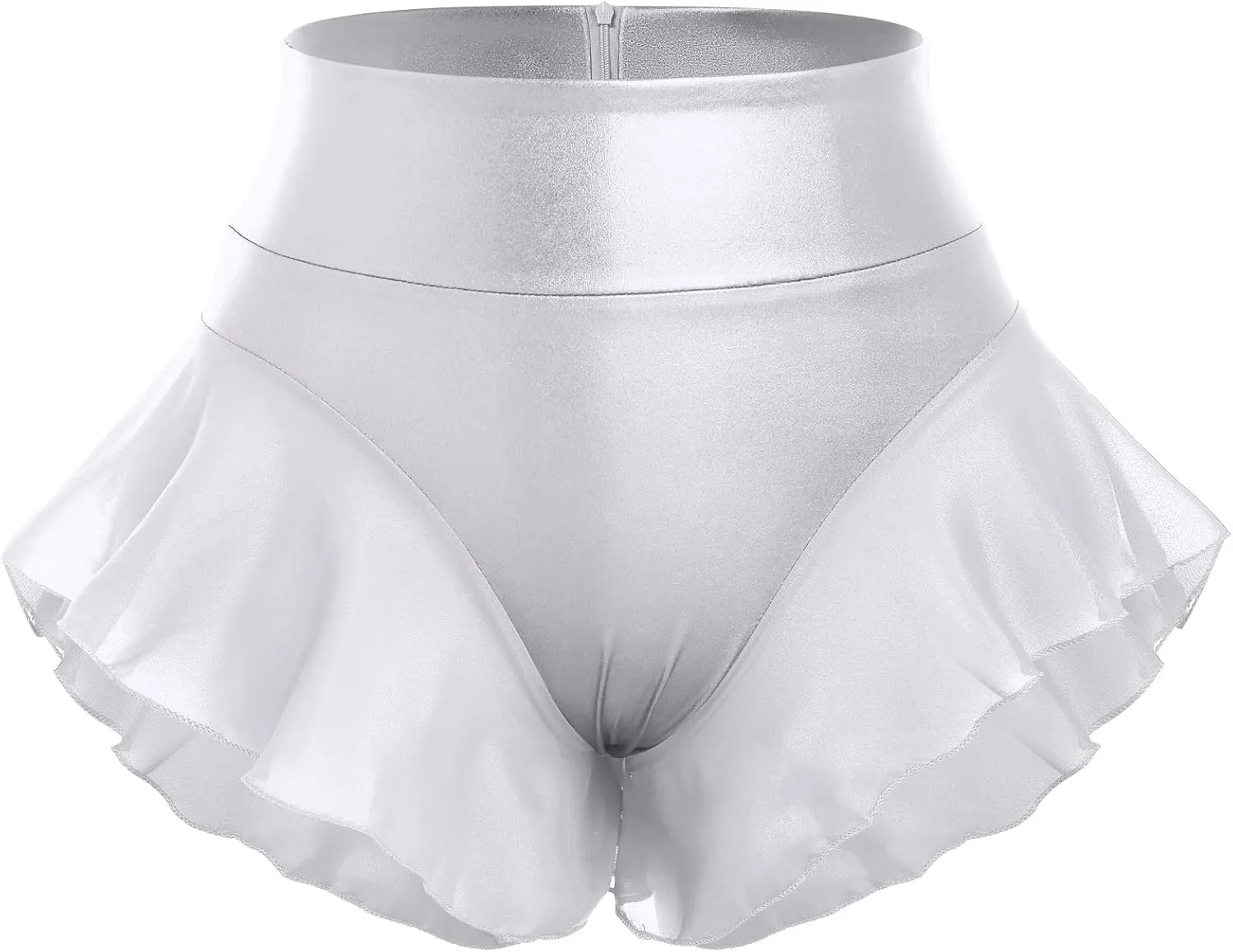 Women Shiny Glossy Metallic Rave Booty Shorts Sexy Ruffled Stage Pole Dance Mini Hot Pants High Waist Yoga Bottoms