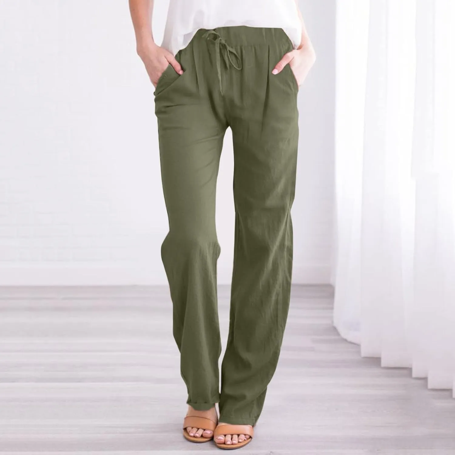 Women Solid Straight Solid Elastic Pants Long Drawstring Linen Women Waist Cotton Casual Womens Plus Size Workout Pants