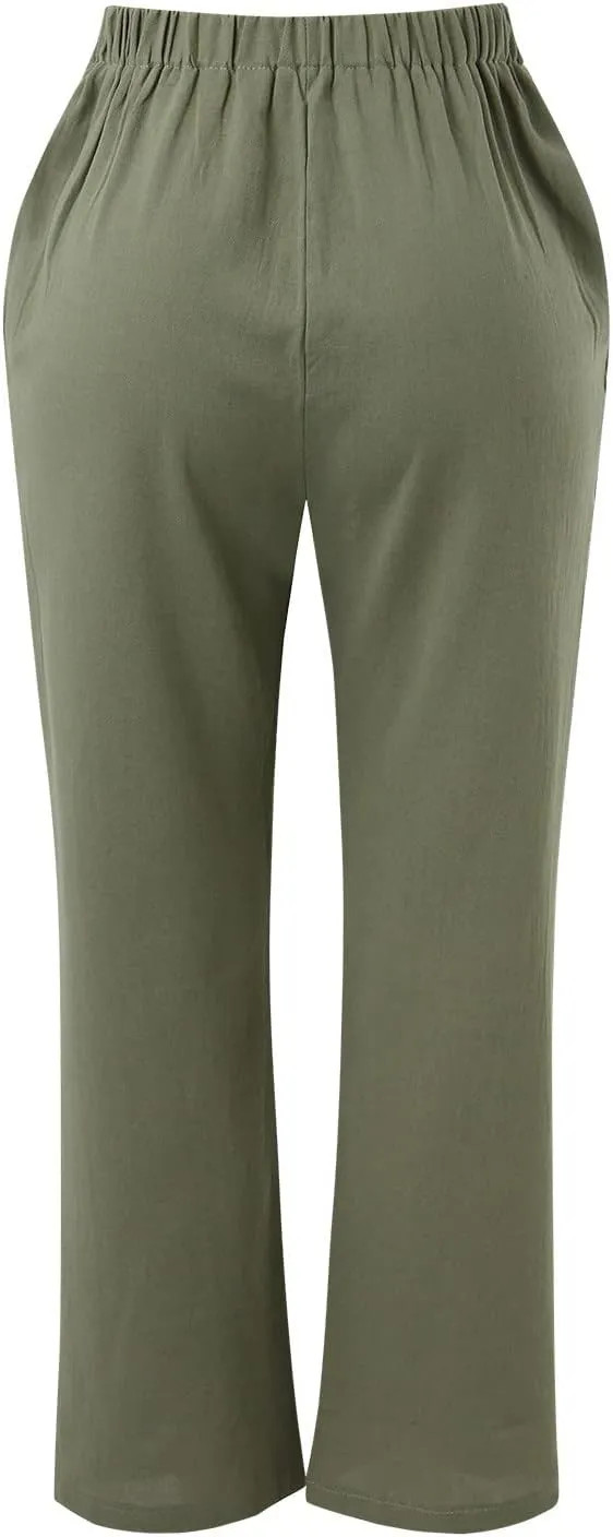 Women Solid Straight Solid Elastic Pants Long Drawstring Linen Women Waist Cotton Casual Womens Plus Size Workout Pants
