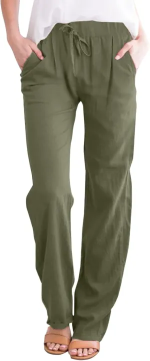 Women Solid Straight Solid Elastic Pants Long Drawstring Linen Women Waist Cotton Casual Womens Plus Size Workout Pants