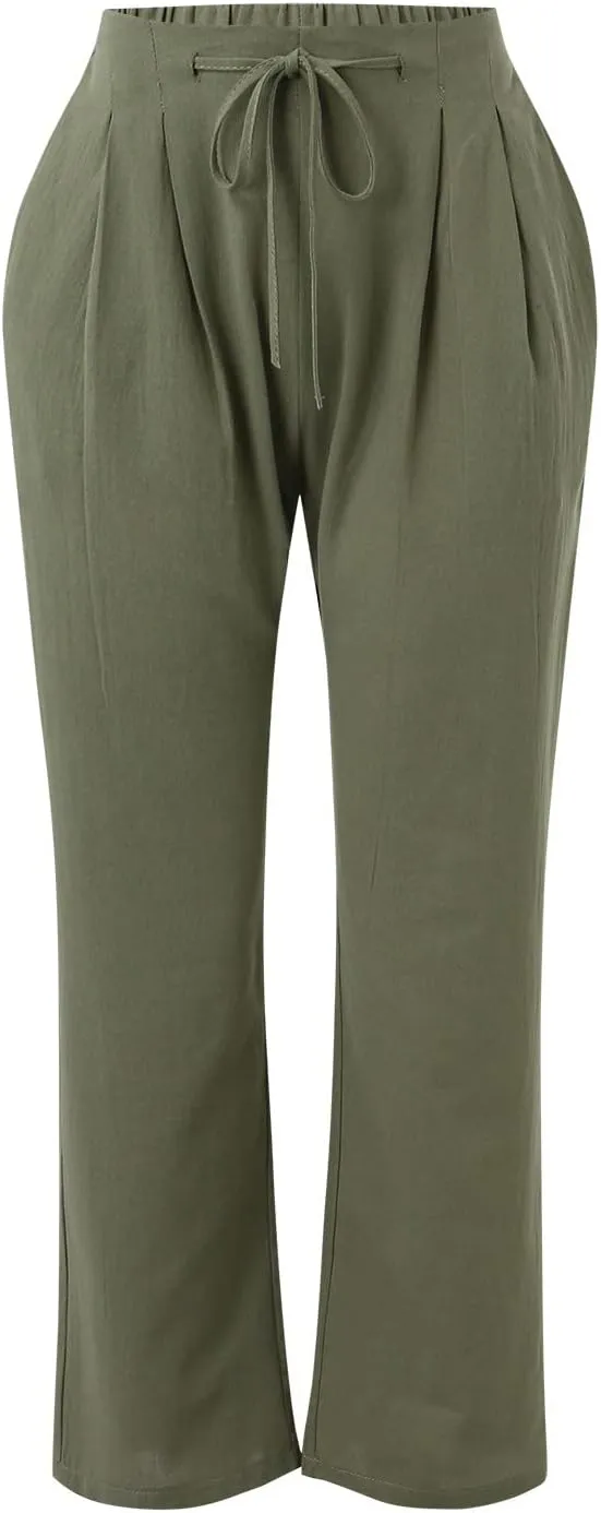 Women Solid Straight Solid Elastic Pants Long Drawstring Linen Women Waist Cotton Casual Womens Plus Size Workout Pants