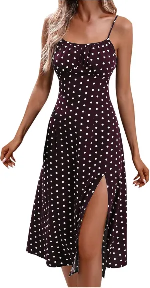 Women Spaghetti Strap Midi Dresses Summer Sleeveless Side Split Cami Sundress Polka Dot Print Evening Party Gown Dress