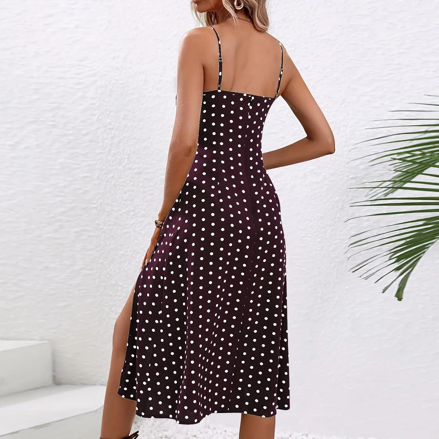 Women Spaghetti Strap Midi Dresses Summer Sleeveless Side Split Cami Sundress Polka Dot Print Evening Party Gown Dress