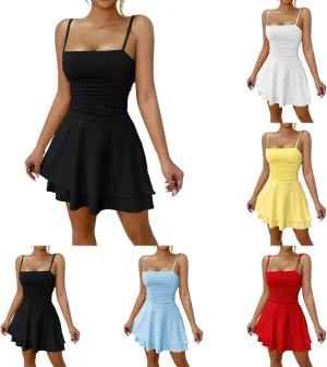 Women Strapless Tube Mini Dress Sexy Ruched Waist Ruffle Sleeveless Backless Tiered Layered Ruffle Hem A-Line Short Dress