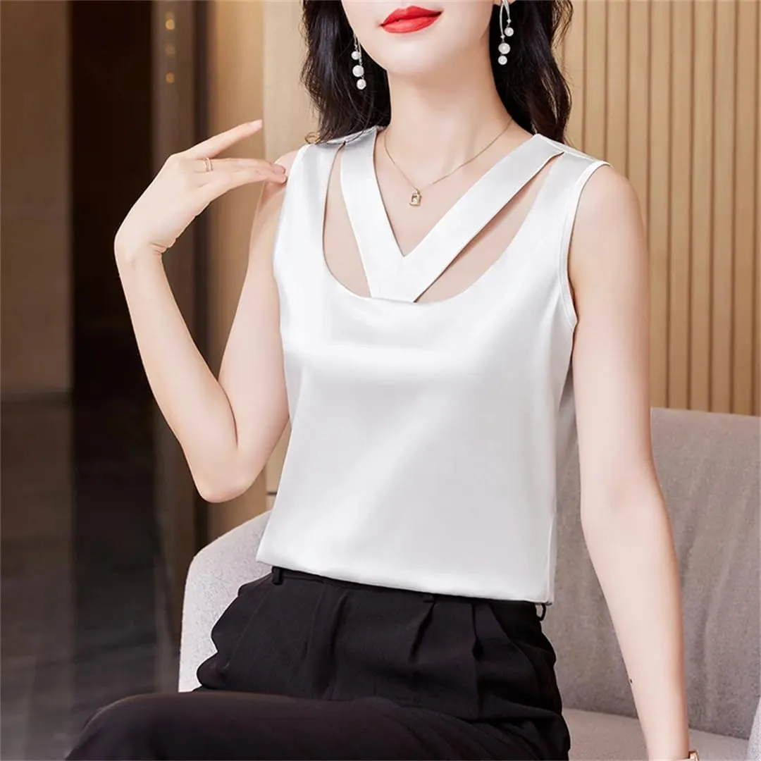 Women Summer Camisole Hollow Out Tank Top Sleeveless Satin Vest