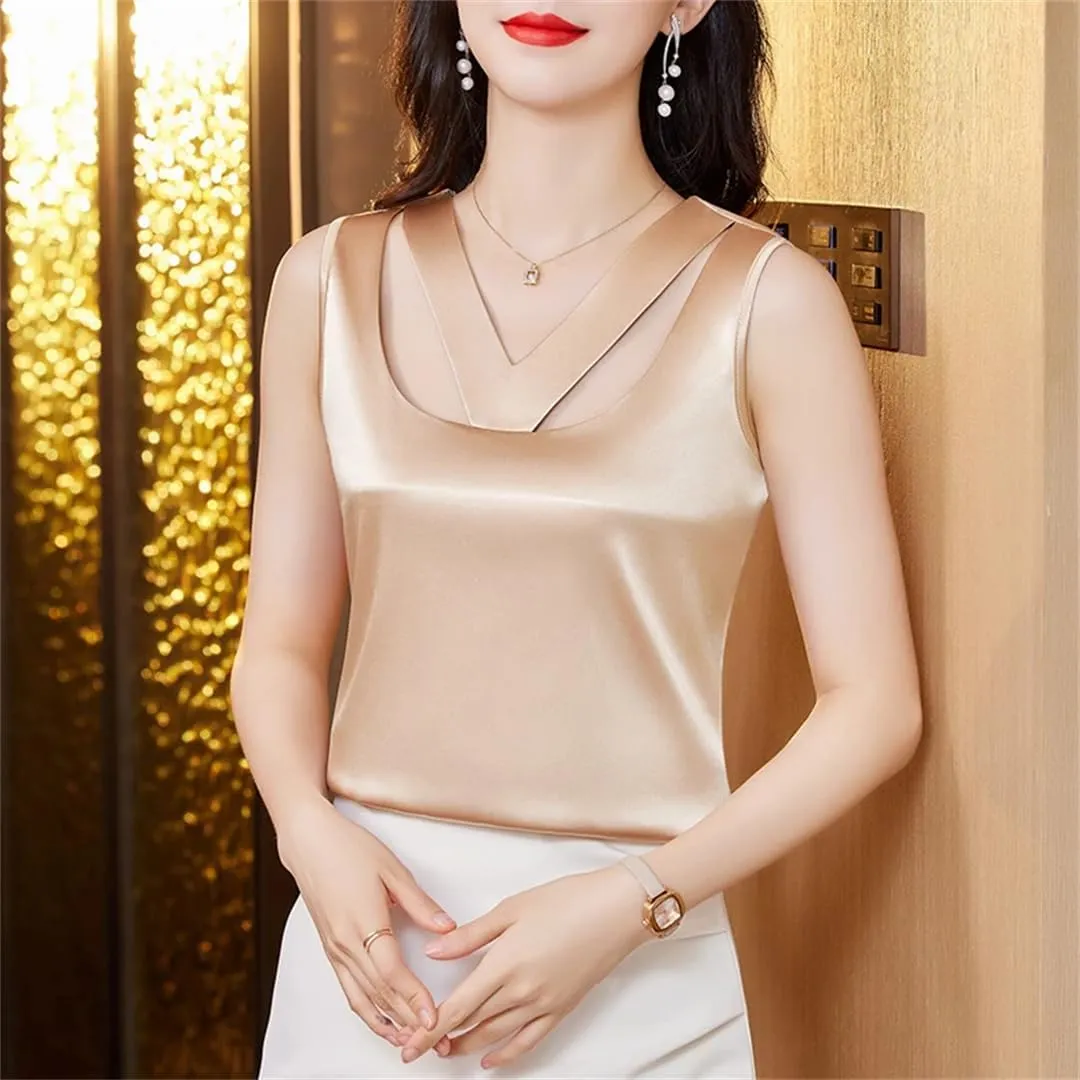Women Summer Camisole Hollow Out Tank Top Sleeveless Satin Vest