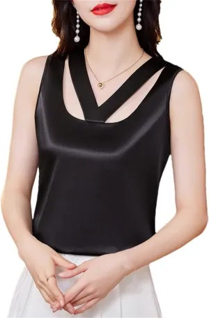 Women Summer Camisole Hollow Out Tank Top Sleeveless Satin Vest