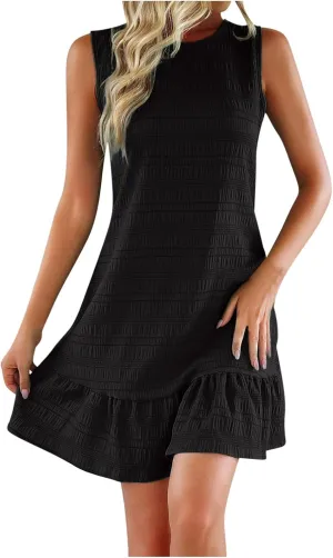 Women Summer Dresses Casual Loose Ruffle Hem Round Neck Sleeveless Sundresses Textured Beach Boho A-Line Mini Dress