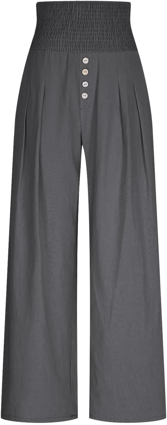 Women Summer High Waisted Cotton Linen Palazzo Pants Wide Leg Long Lounge Pant Business Casual Trousers Slacks Pockets