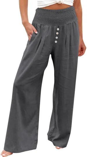 Women Summer High Waisted Cotton Linen Palazzo Pants Wide Leg Long Lounge Pant Business Casual Trousers Slacks Pockets
