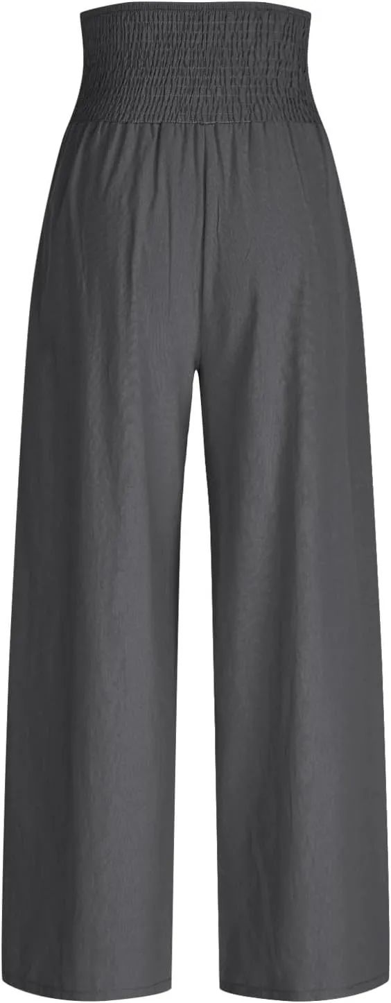 Women Summer High Waisted Cotton Linen Palazzo Pants Wide Leg Long Lounge Pant Business Casual Trousers Slacks Pockets