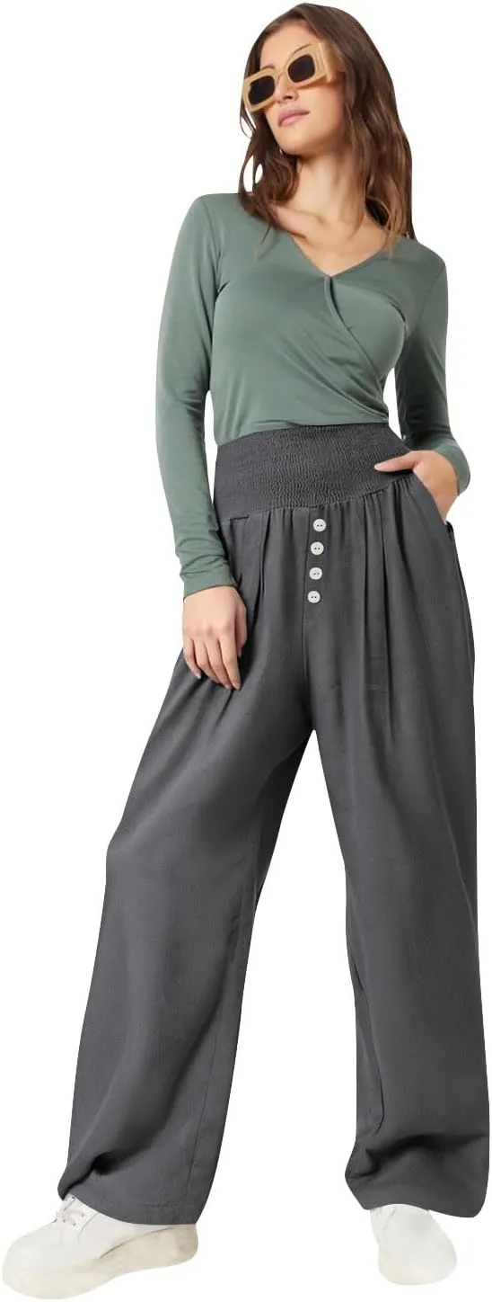 Women Summer High Waisted Cotton Linen Palazzo Pants Wide Leg Long Lounge Pant Business Casual Trousers Slacks Pockets