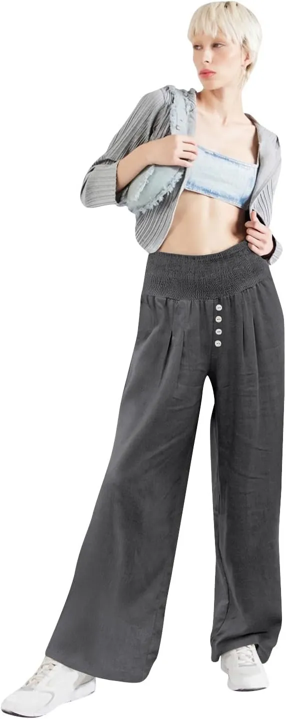 Women Summer High Waisted Cotton Linen Palazzo Pants Wide Leg Long Lounge Pant Business Casual Trousers Slacks Pockets