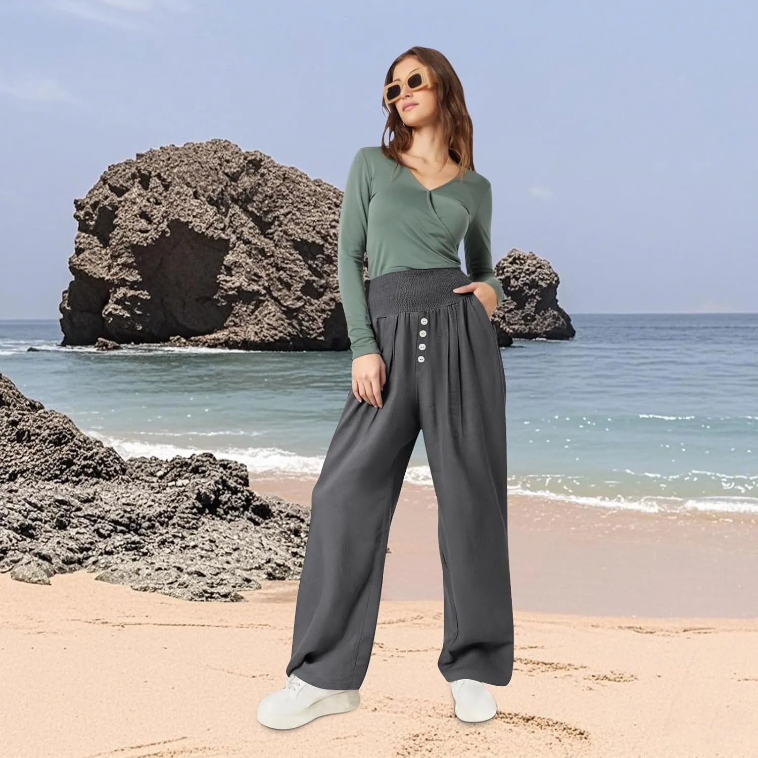 Women Summer High Waisted Cotton Linen Palazzo Pants Wide Leg Long Lounge Pant Business Casual Trousers Slacks Pockets