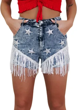 Women Summer Star Sequin Shorts Ripped Stretchy Jeans Frayed Raw Hem Casual Tassels Denim Shorts