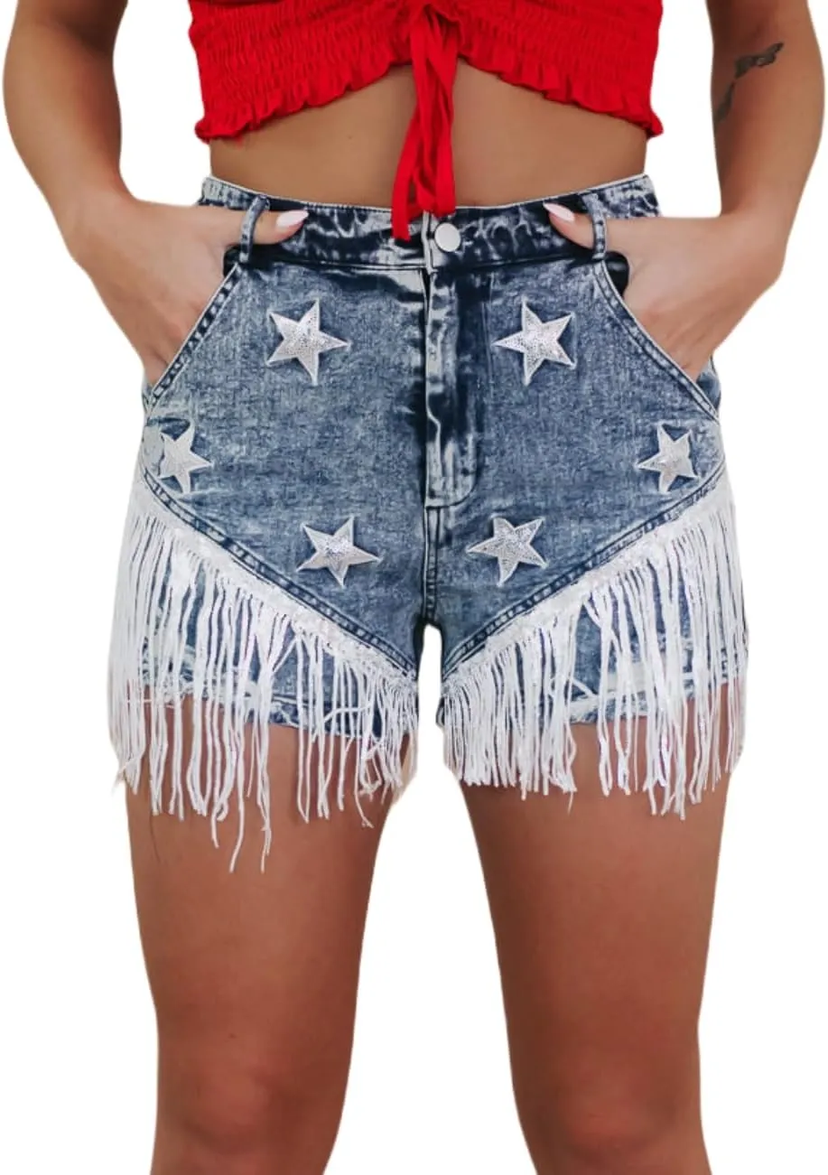 Women Summer Star Sequin Shorts Ripped Stretchy Jeans Frayed Raw Hem Casual Tassels Denim Shorts