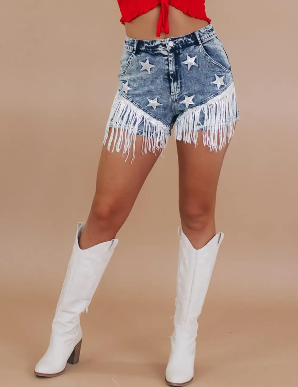 Women Summer Star Sequin Shorts Ripped Stretchy Jeans Frayed Raw Hem Casual Tassels Denim Shorts