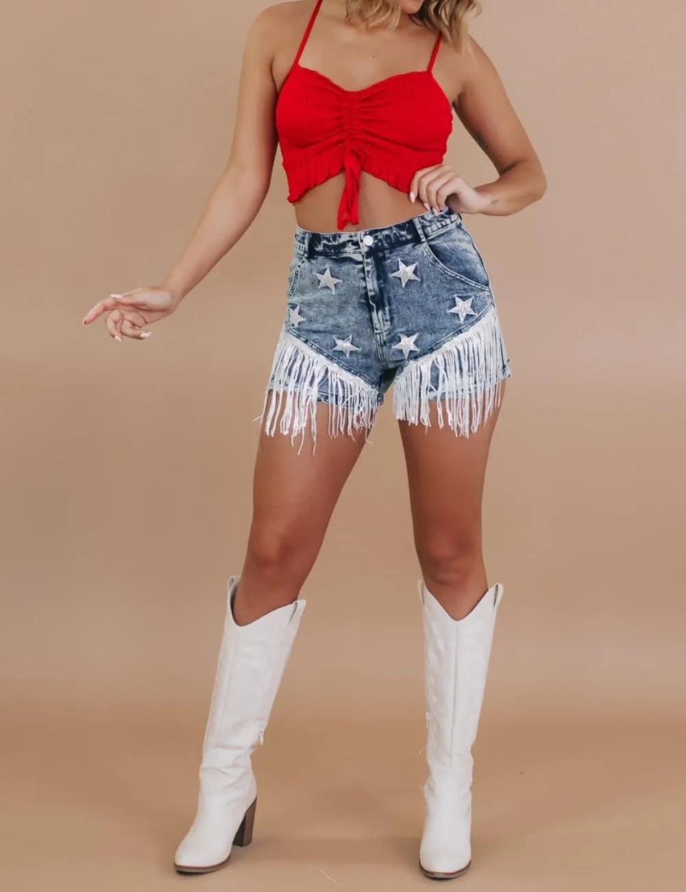 Women Summer Star Sequin Shorts Ripped Stretchy Jeans Frayed Raw Hem Casual Tassels Denim Shorts