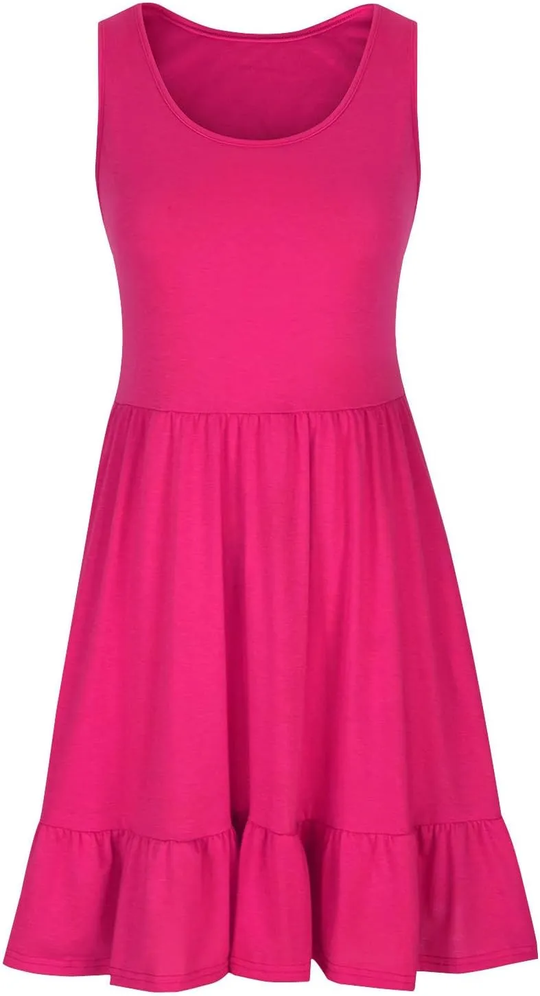 Women Summer Sundress Boho Sleeveless Knee Length Tank Dresses Pleated Ruffle Flowy A Line Swing Dress with Pockets