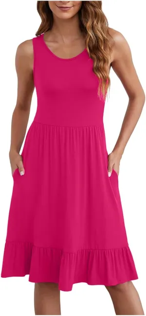 Women Summer Sundress Boho Sleeveless Knee Length Tank Dresses Pleated Ruffle Flowy A Line Swing Dress with Pockets