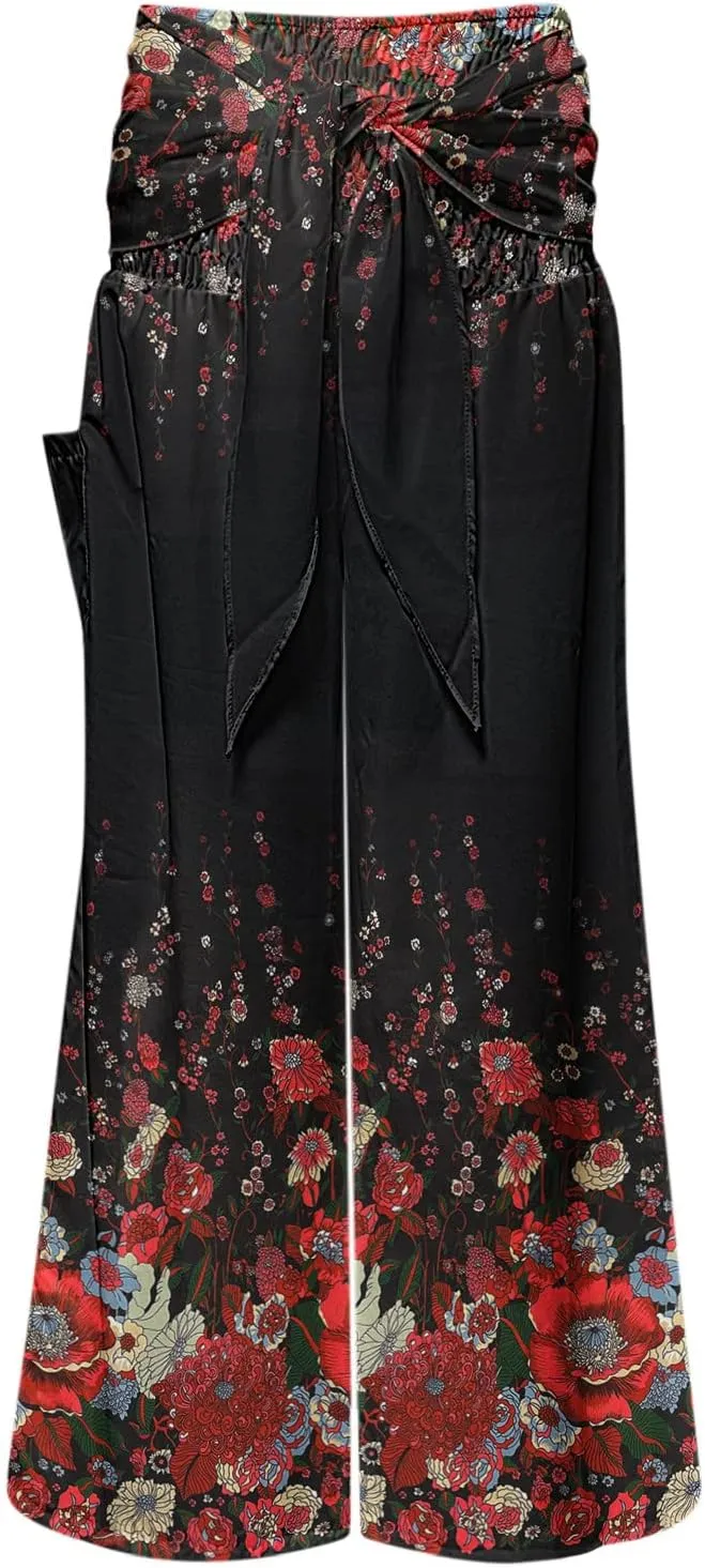 Women Vintage Boho Pants Floral Print Harem Yoga Trousers Fold Over High Waist Wide Leg Casual Pants with Pockets (Black, S)