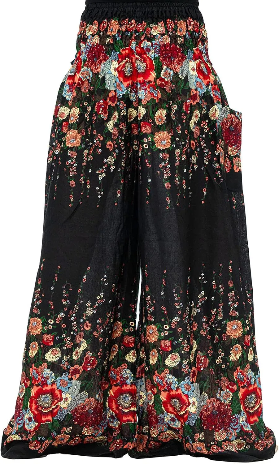 Women Vintage Boho Pants Floral Print Harem Yoga Trousers Fold Over High Waist Wide Leg Casual Pants with Pockets (Black, S)