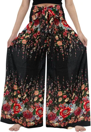 Women Vintage Boho Pants Floral Print Harem Yoga Trousers Fold Over High Waist Wide Leg Casual Pants with Pockets (Black, S)