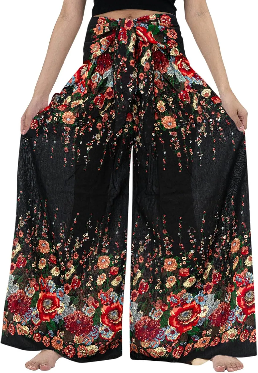 Women Vintage Boho Pants Floral Print Harem Yoga Trousers Fold Over High Waist Wide Leg Casual Pants with Pockets (Black, S)