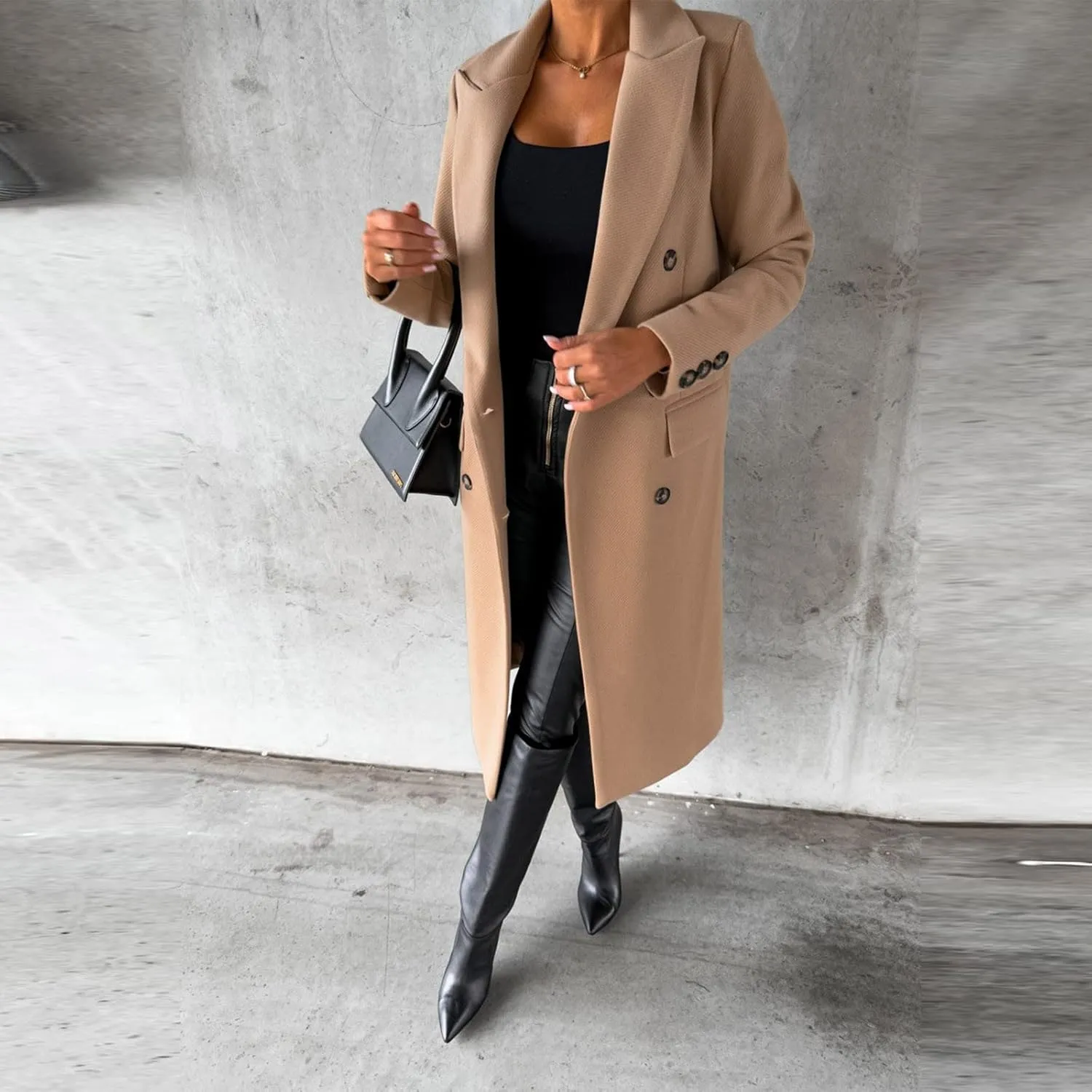 Women Winter Wool Blend Mid-Long Pea Coats Notch Lapel Trench Coat Double-Breasted Jacket Outwear Fashion Overcoats