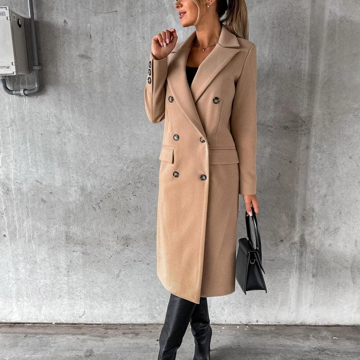 Women Winter Wool Blend Mid-Long Pea Coats Notch Lapel Trench Coat Double-Breasted Jacket Outwear Fashion Overcoats