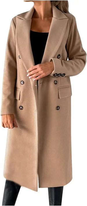 Women Winter Wool Blend Mid-Long Pea Coats Notch Lapel Trench Coat Double-Breasted Jacket Outwear Fashion Overcoats