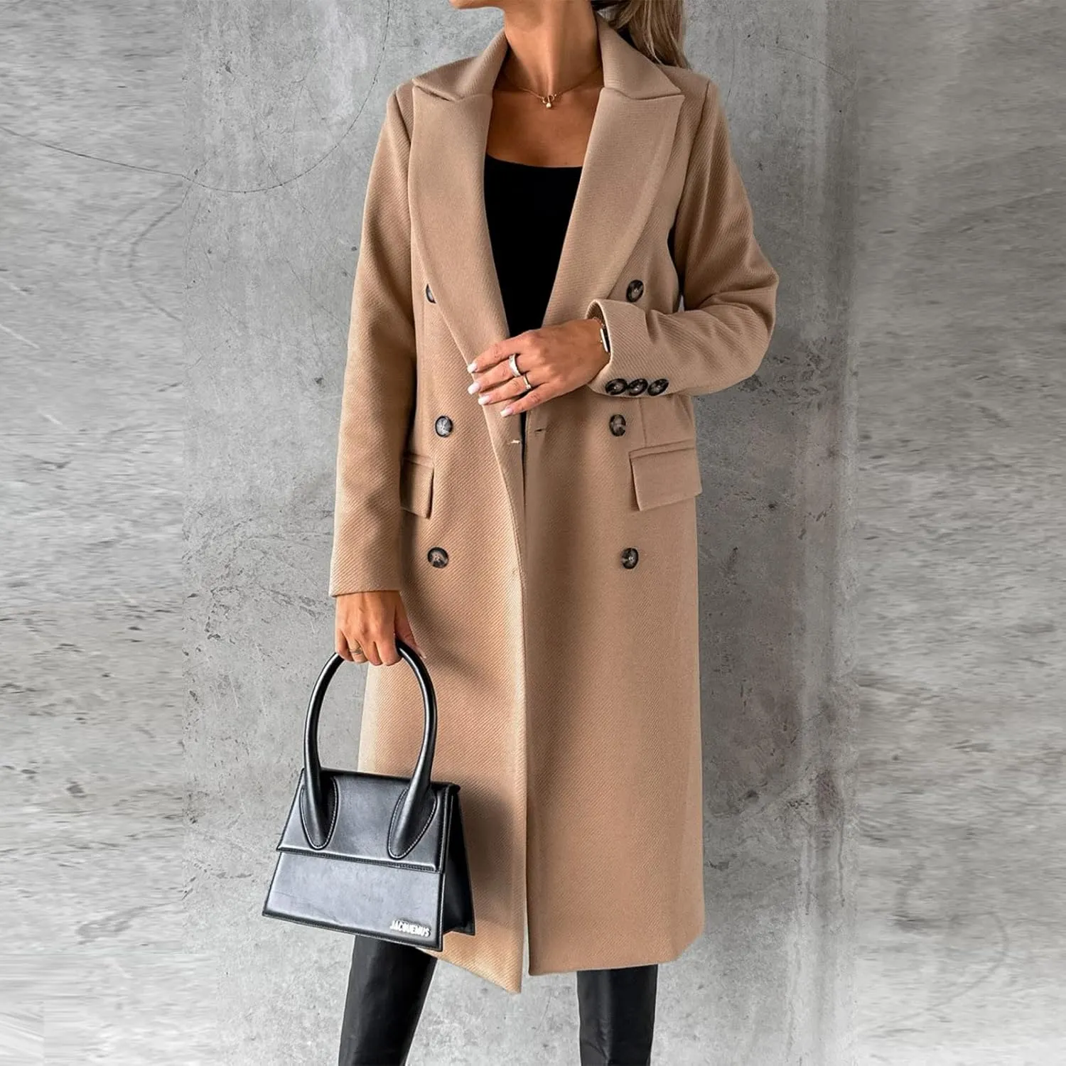 Women Winter Wool Blend Mid-Long Pea Coats Notch Lapel Trench Coat Double-Breasted Jacket Outwear Fashion Overcoats
