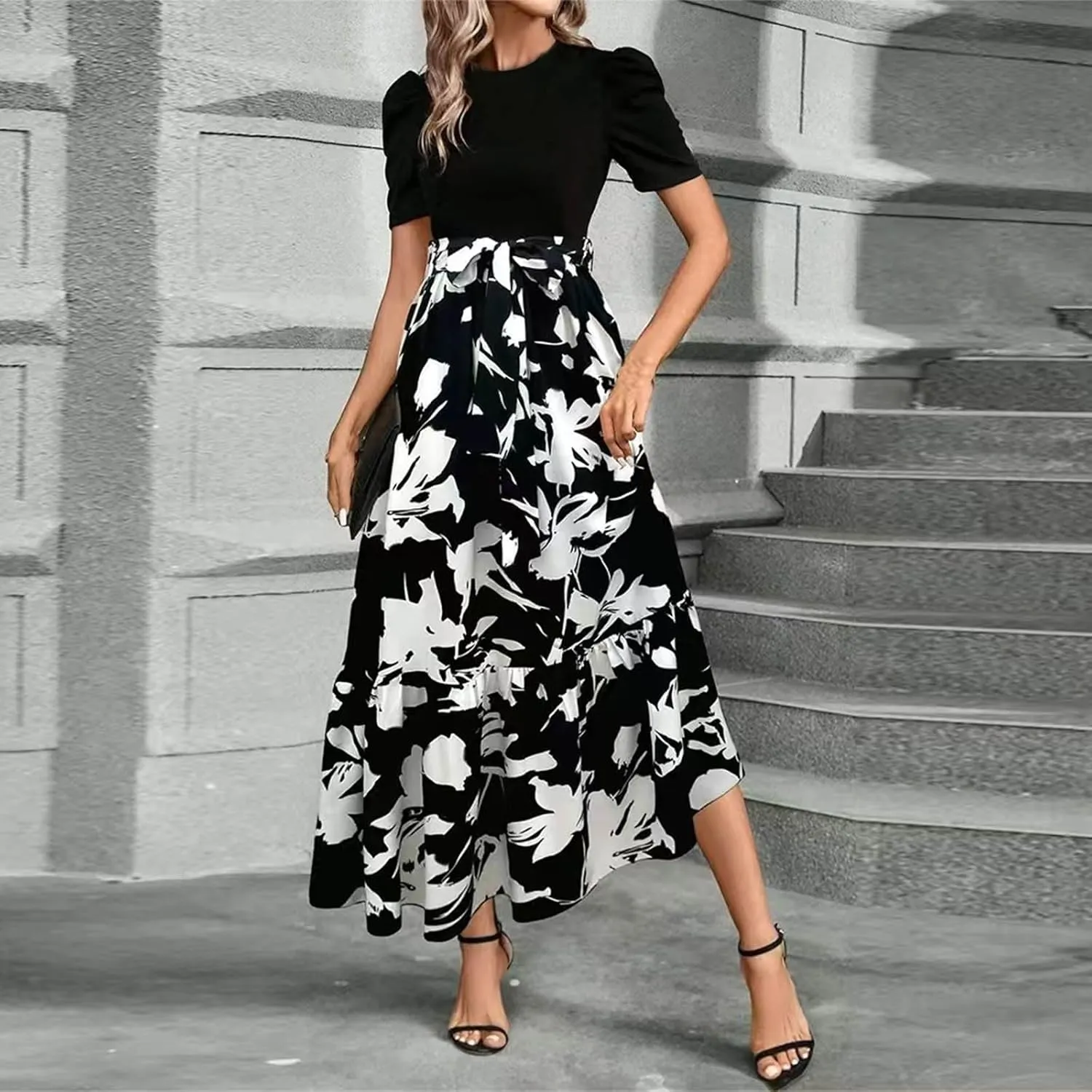 Womens 2025 Floral Printed Maxi Dress Casual Long Flowy Dresses Ruffle Short Sleeve Summer Dresses with Pockets