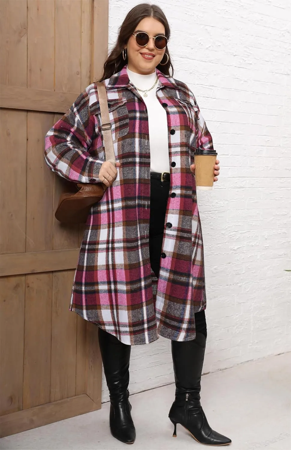 Women's 2025 Plus Size Plaid Flannel Shacket Loose Fit Long Shirts Jacket Tartan Boyfriend Oversized Coat