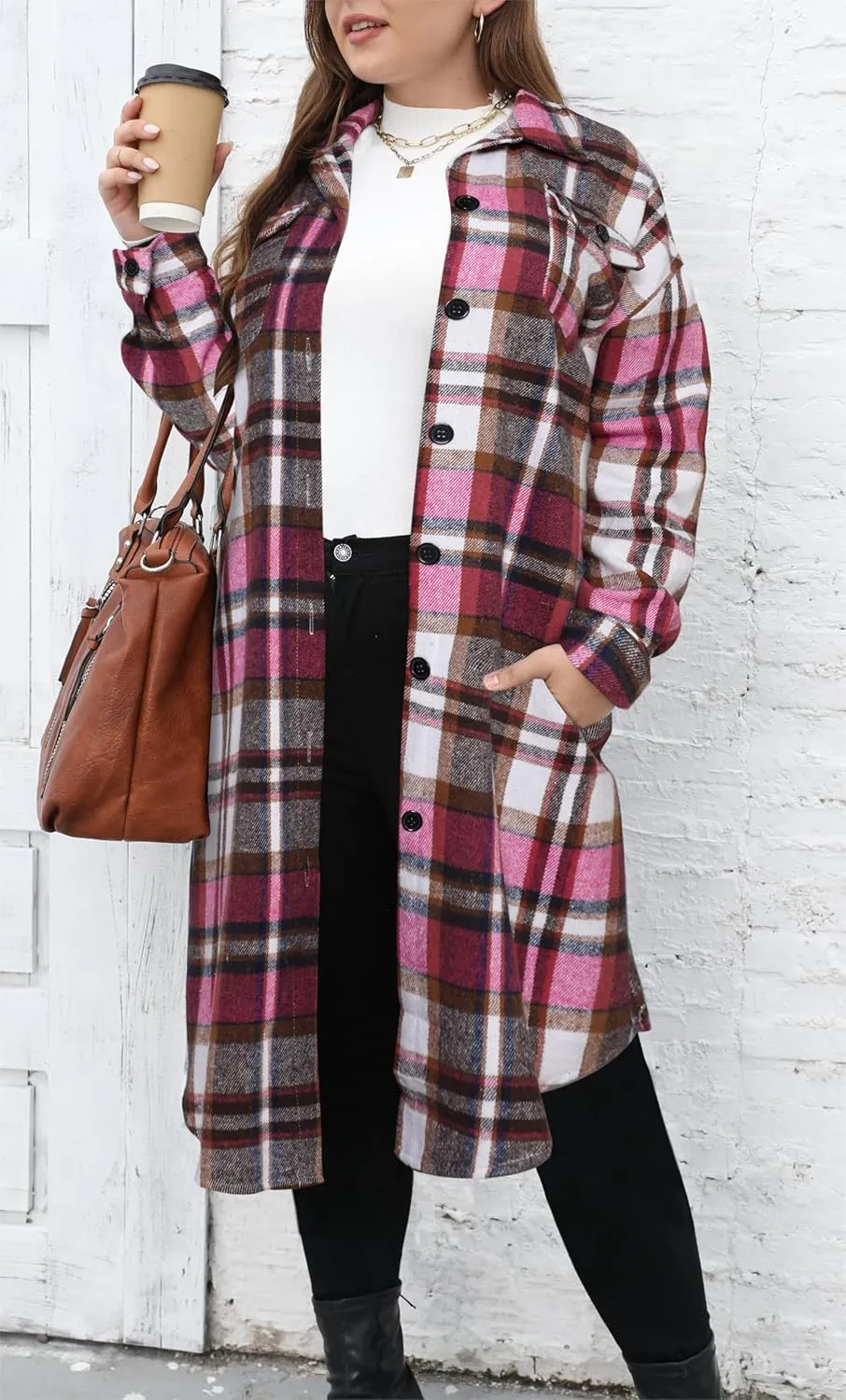 Women's 2025 Plus Size Plaid Flannel Shacket Loose Fit Long Shirts Jacket Tartan Boyfriend Oversized Coat