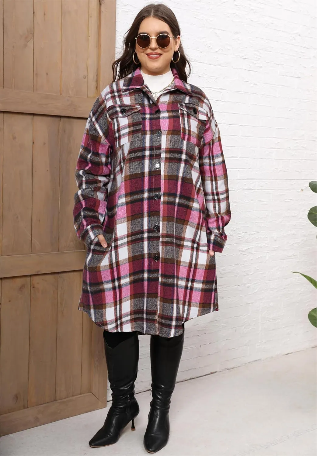 Women's 2025 Plus Size Plaid Flannel Shacket Loose Fit Long Shirts Jacket Tartan Boyfriend Oversized Coat