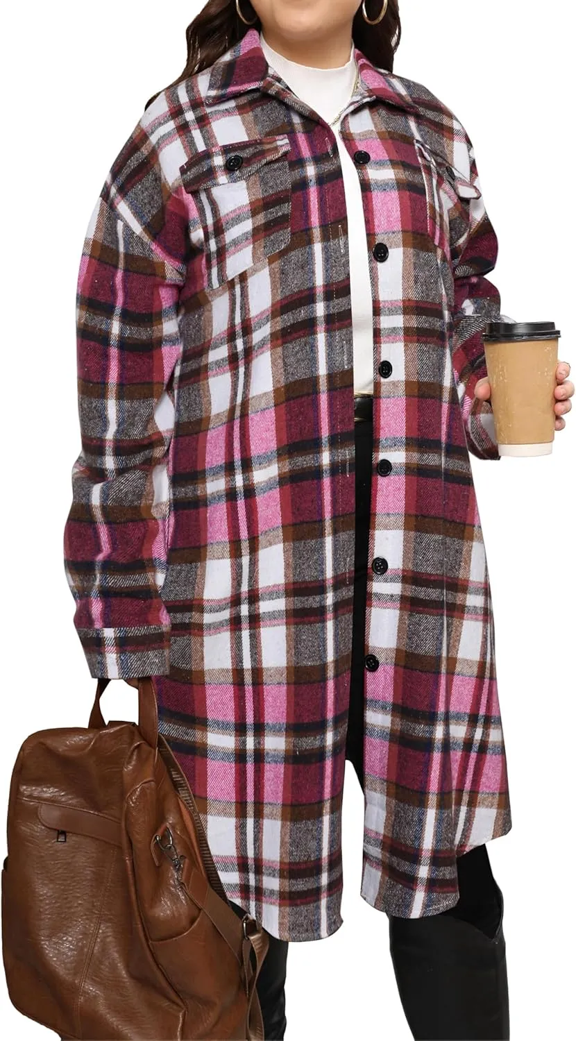 Women's 2025 Plus Size Plaid Flannel Shacket Loose Fit Long Shirts Jacket Tartan Boyfriend Oversized Coat