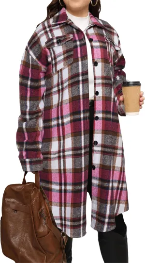 Women's 2025 Plus Size Plaid Flannel Shacket Loose Fit Long Shirts Jacket Tartan Boyfriend Oversized Coat