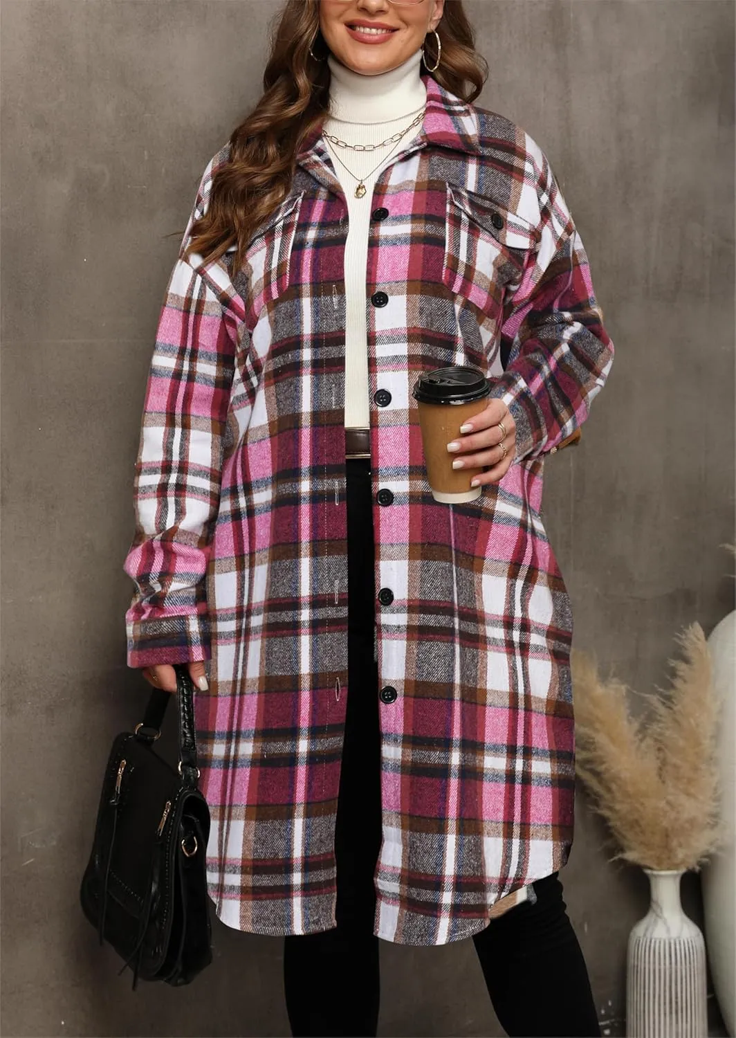 Women's 2025 Plus Size Plaid Flannel Shacket Loose Fit Long Shirts Jacket Tartan Boyfriend Oversized Coat