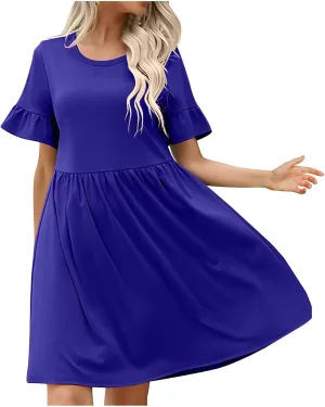 Women's 2025 Summer Dresses Ruffle Short Sleeve Casual T-Shirt Dress Casual Loose Round Neck Swing A Line Sundresses